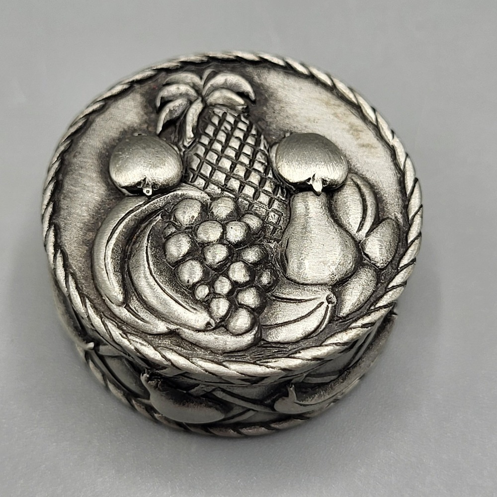 JJ Jonette Jewelry Trinket Box Brooch Earrings Set Fruit Basket Pewter 1.25"